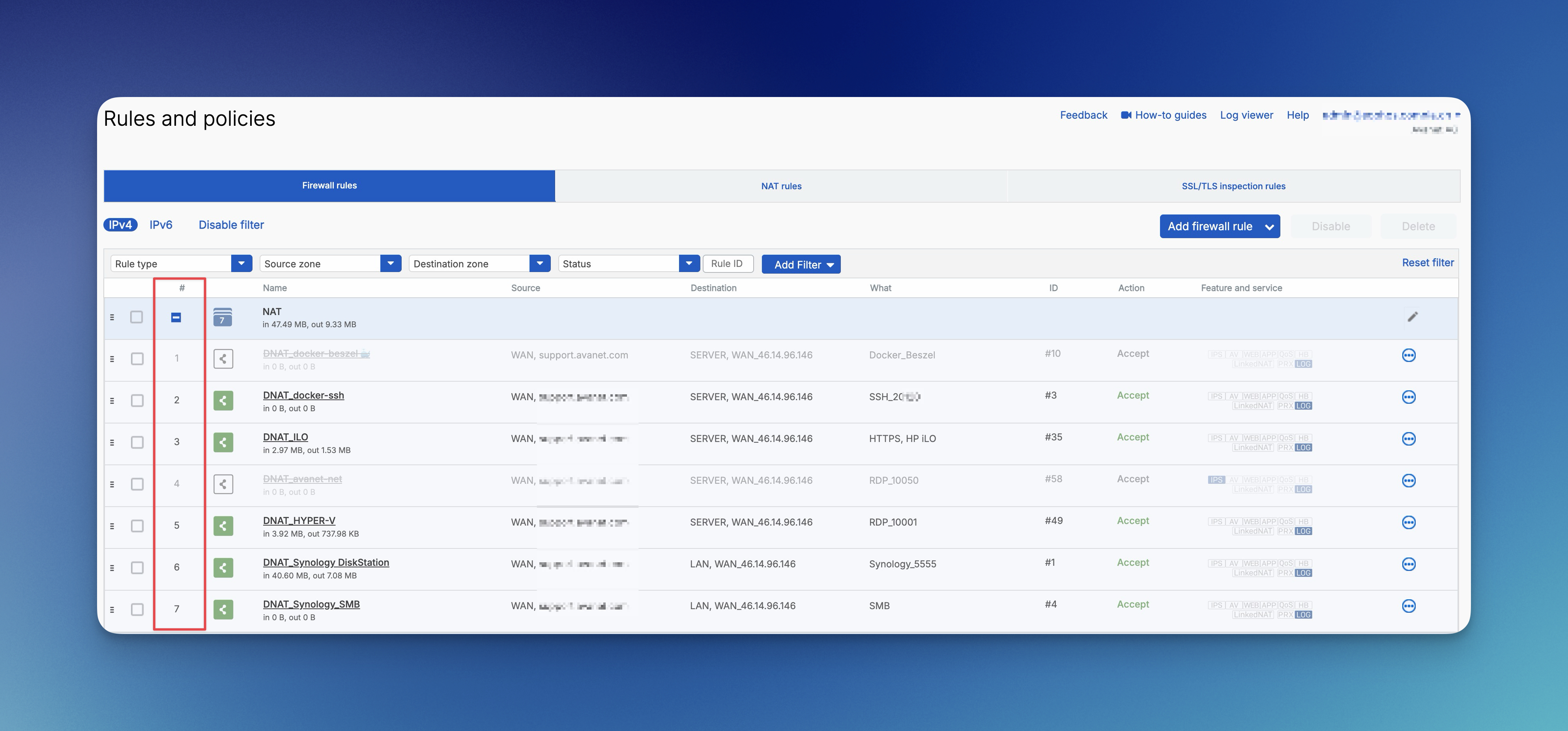 Sophos Firewall Firewall rules mit markierter Regelreihenfolge