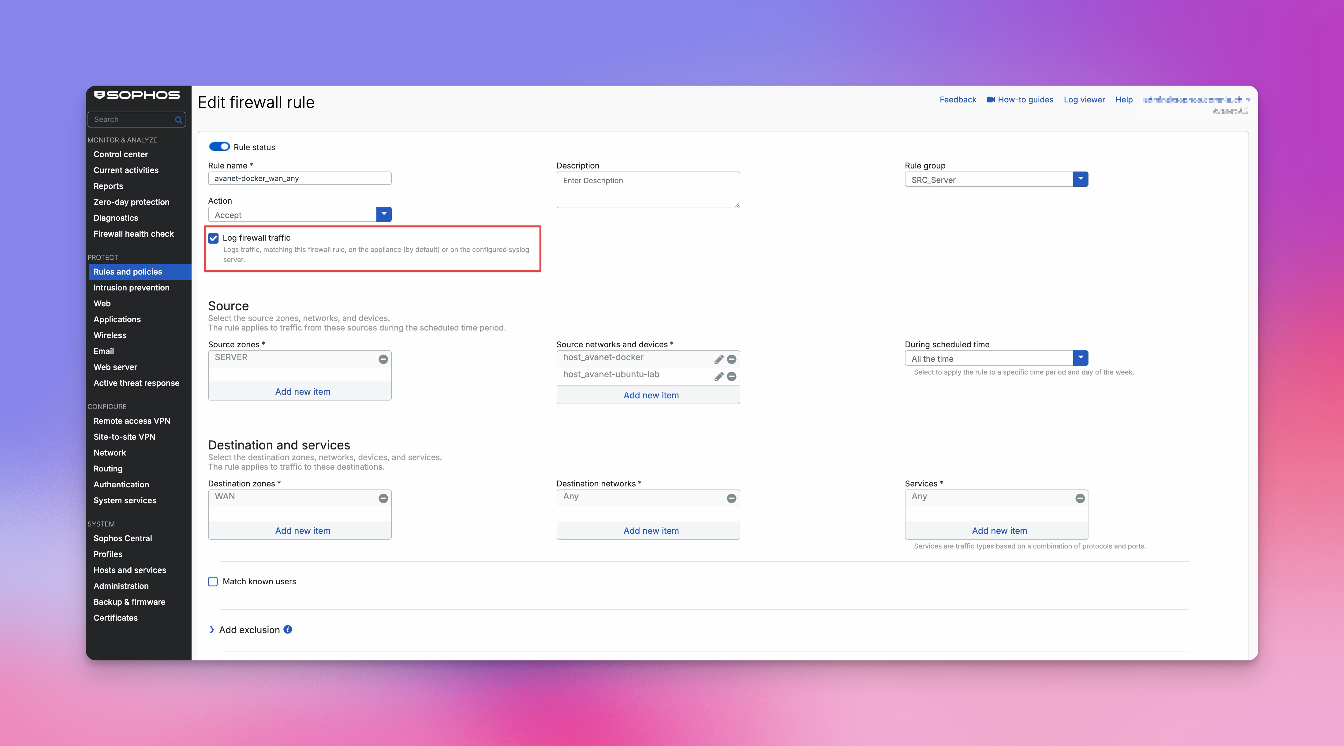 Sophos Firewall Regel mit aktivierter Option Log firewall traffic