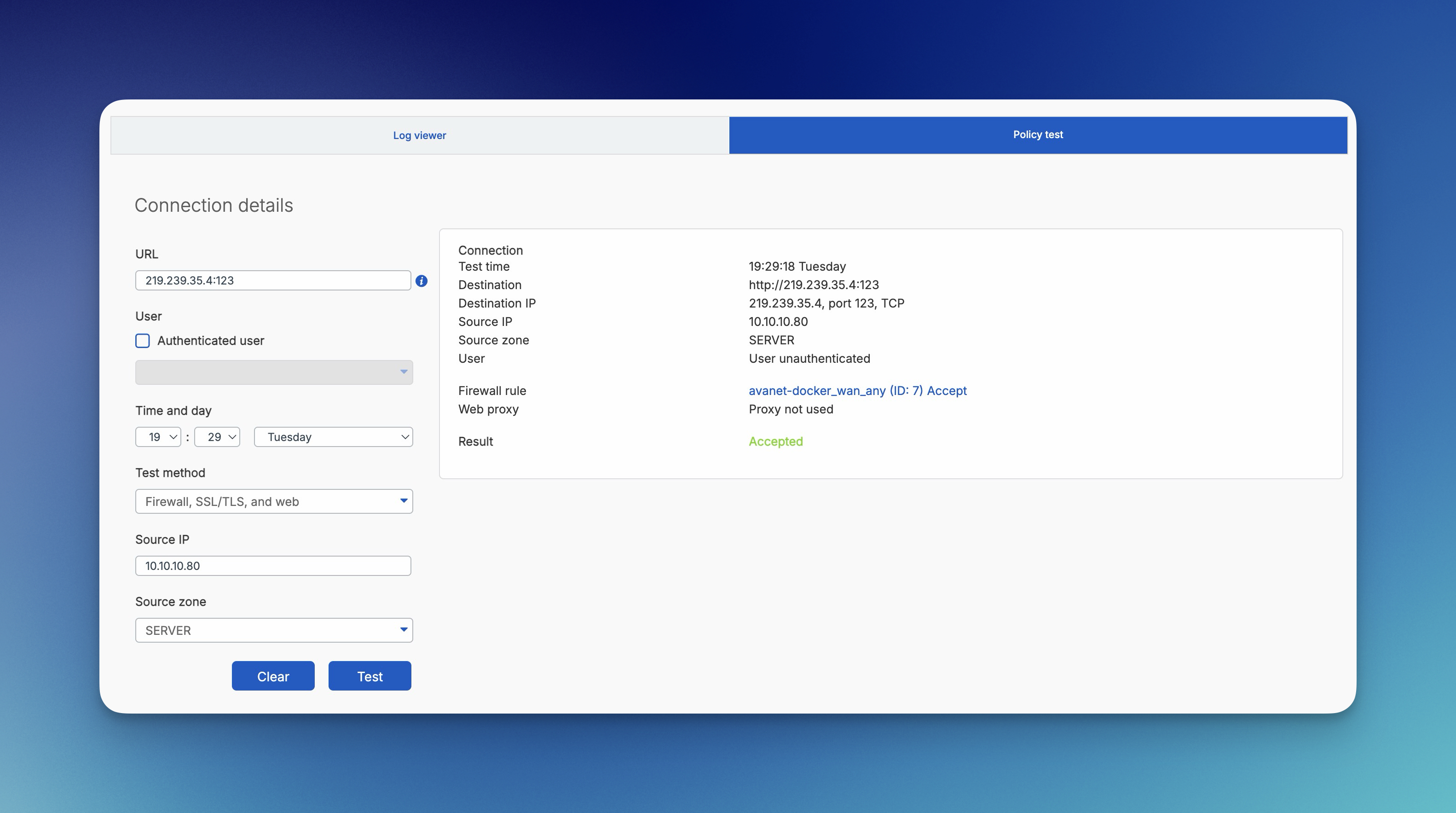 Sophos Firewall Policy tester mit akzeptiertem Ergebnis