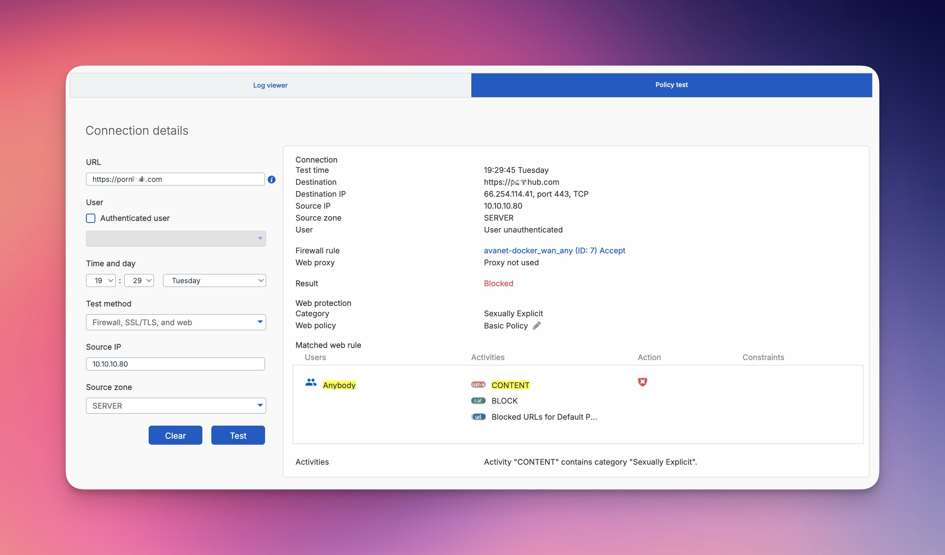 Sophos Firewall Policy tester mit blockiertem Web Policy Ergebnis