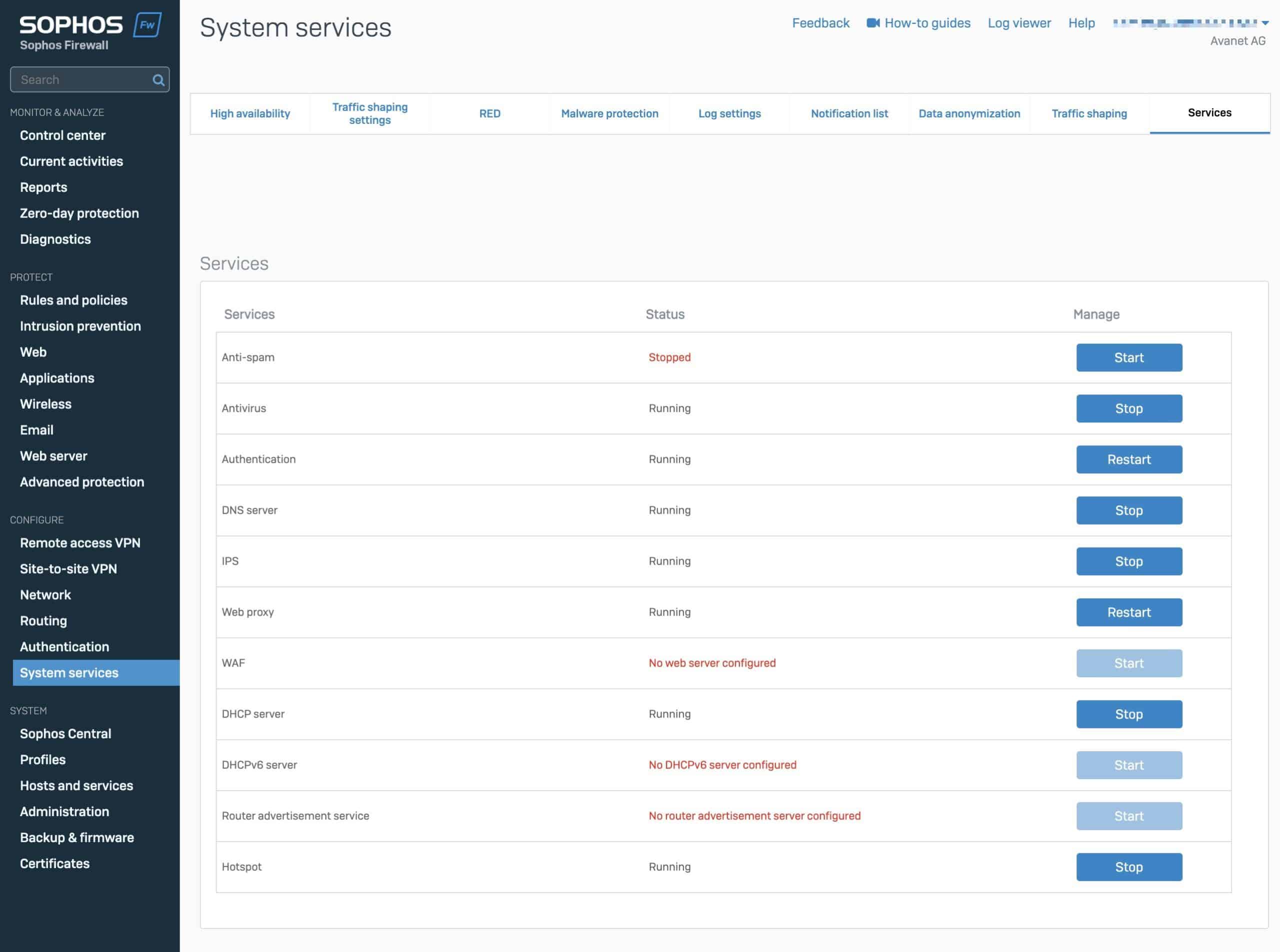 Usługi w Web Admin GUI Sophos Firewall
