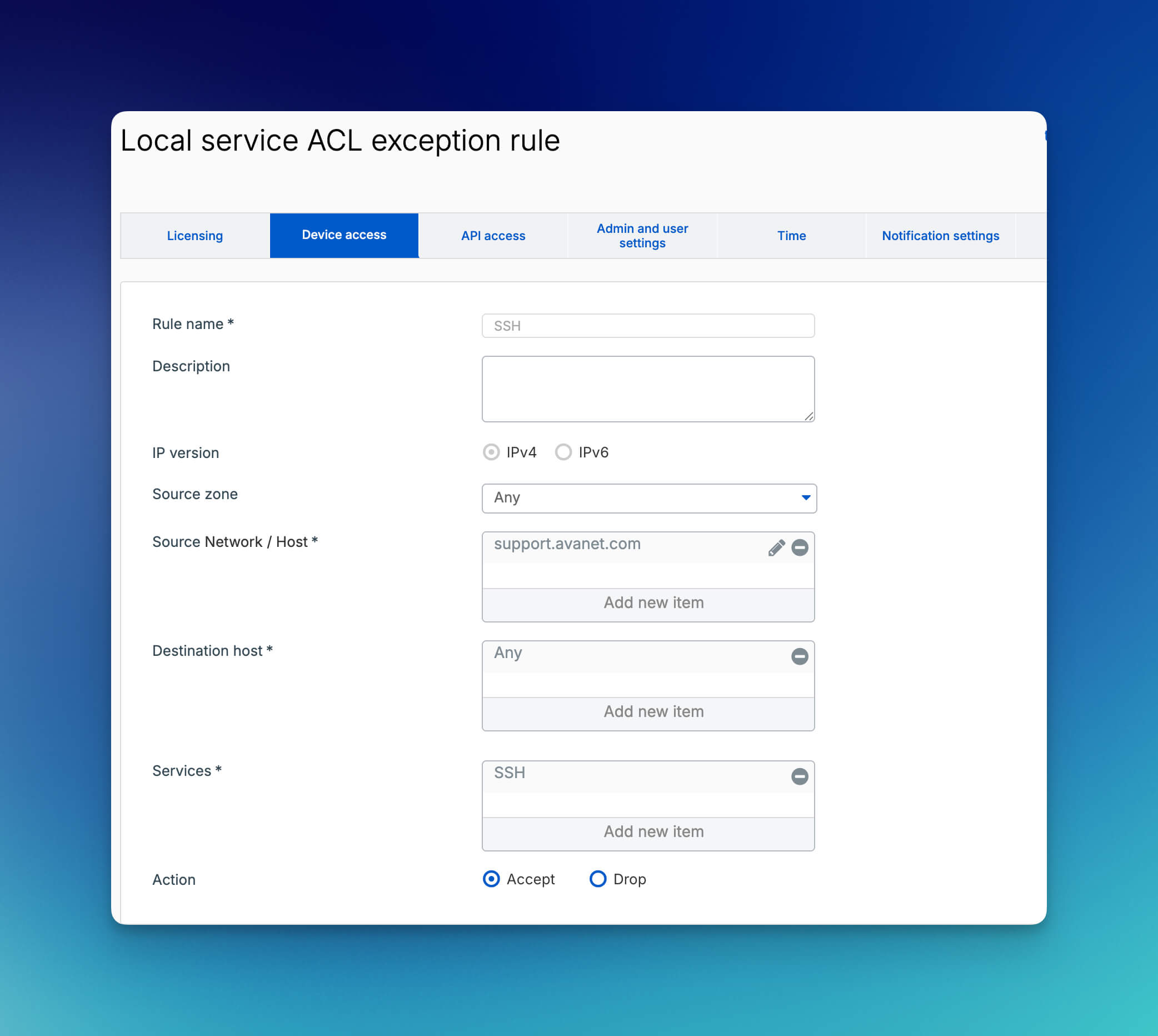 Sophos Firewall Local Service ACL Exception Rule pour l'accès SSH