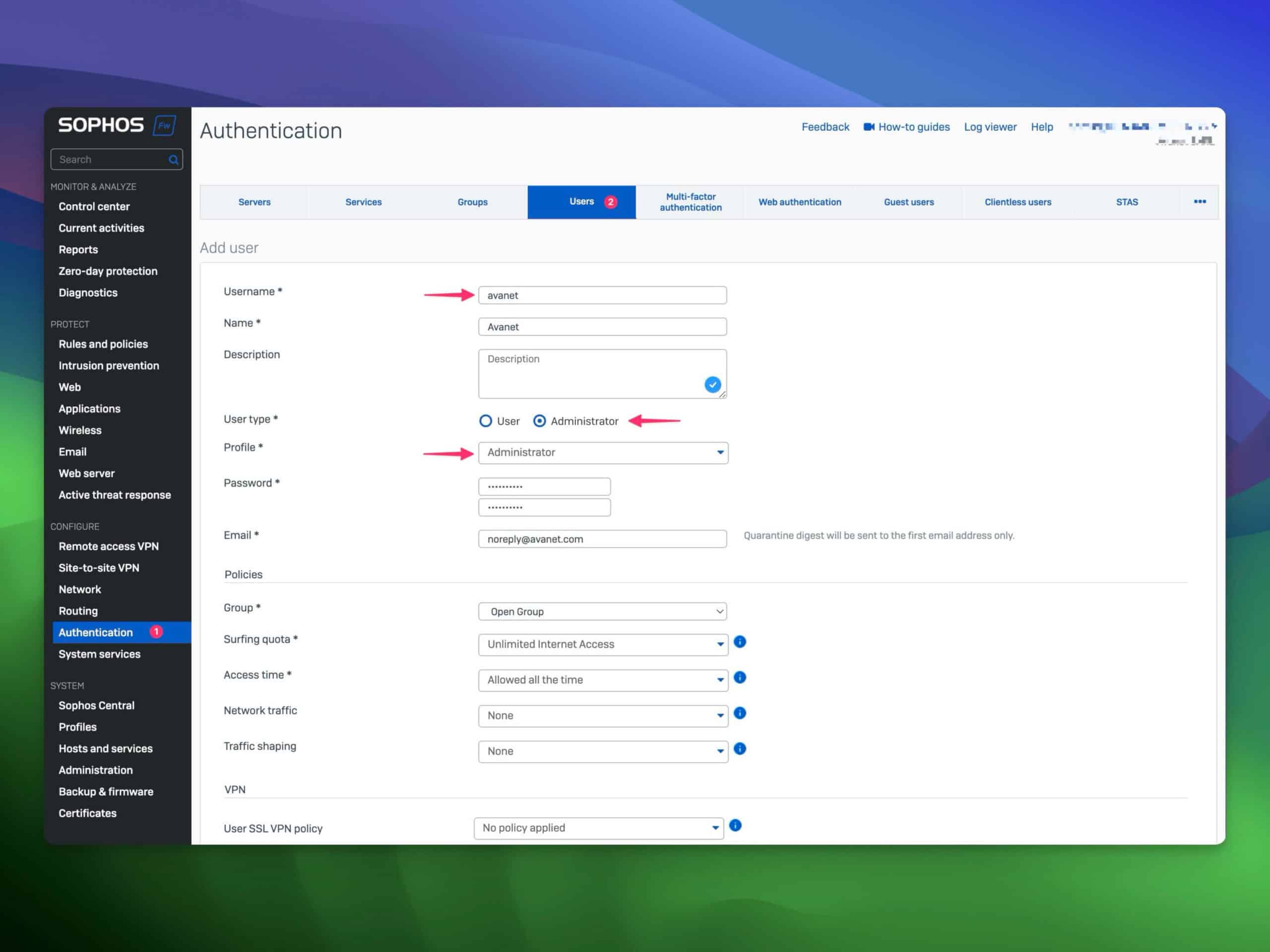 Sophos Firewall - gebruiker met administratorrechten toevoegen