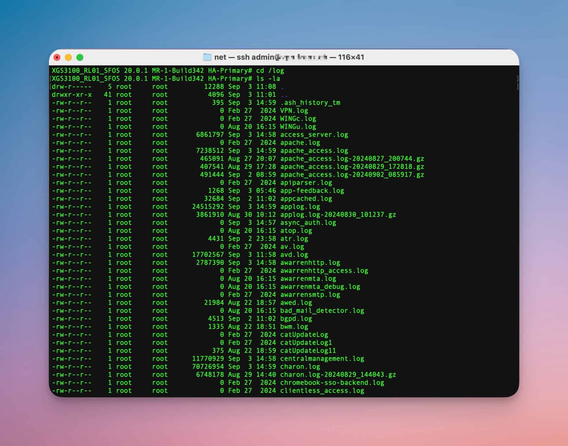 Sophos Firewall - Advanced Shell - ls -la no diretório de logs