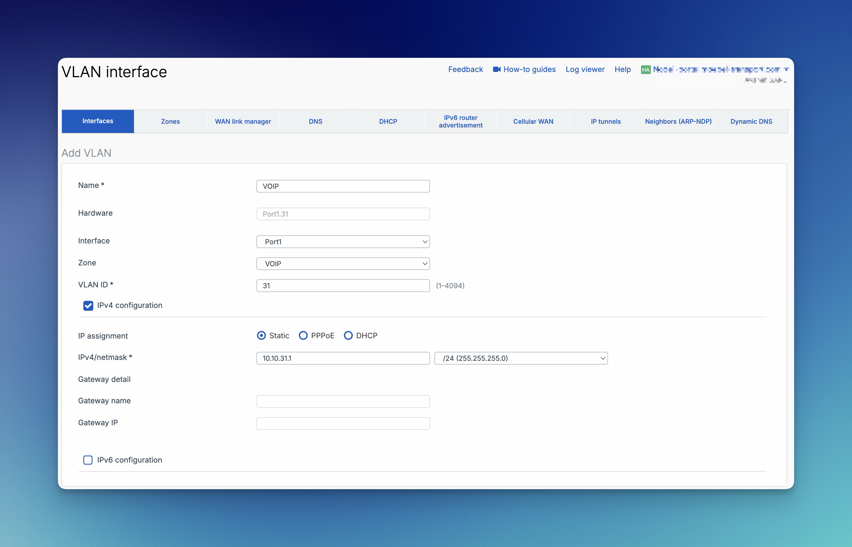Ekran Add VLAN w Sophos Firewall z interface, zone, VLAN ID i konfiguracją IPv4