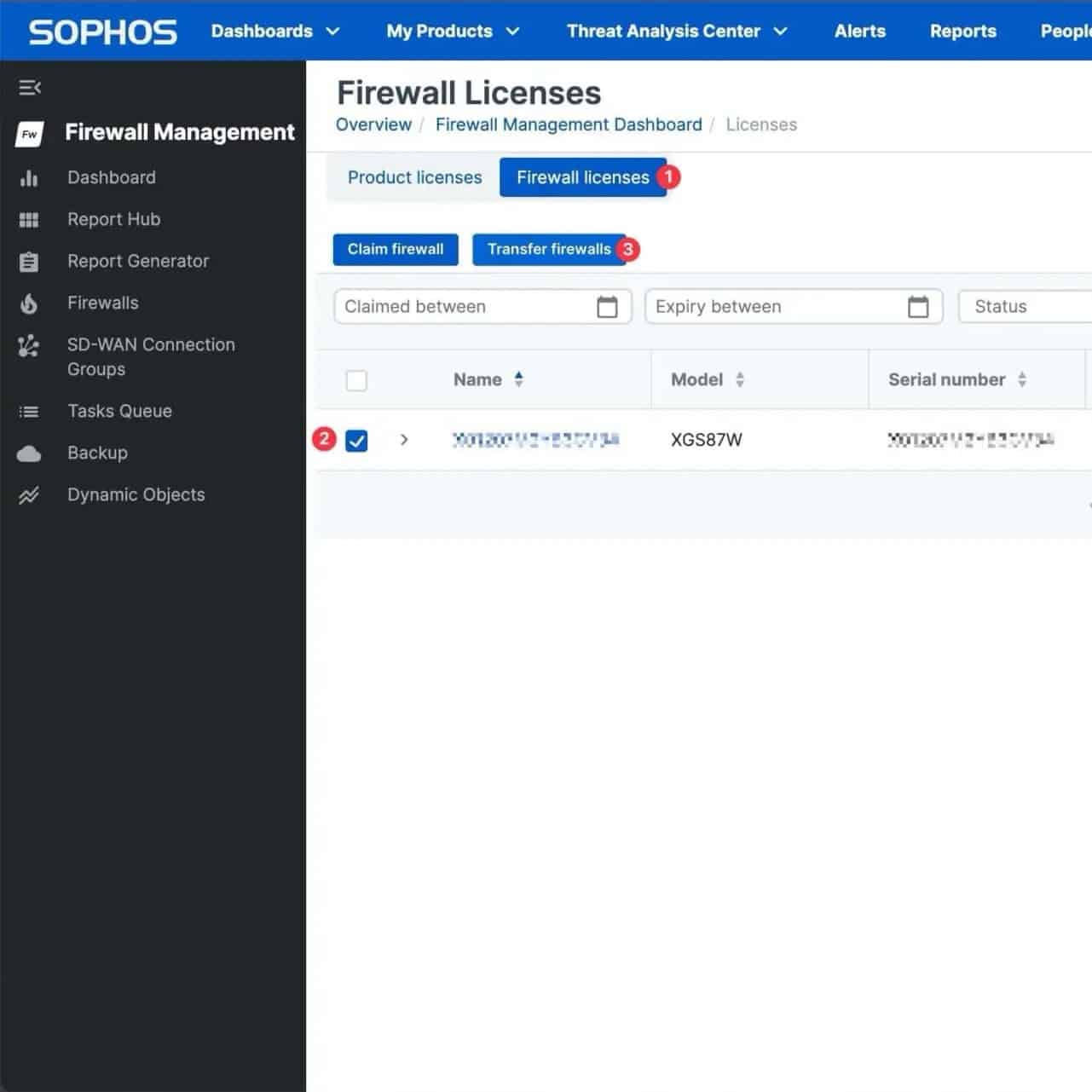 Wybór firewalli do przeniesienia w Sophos Central