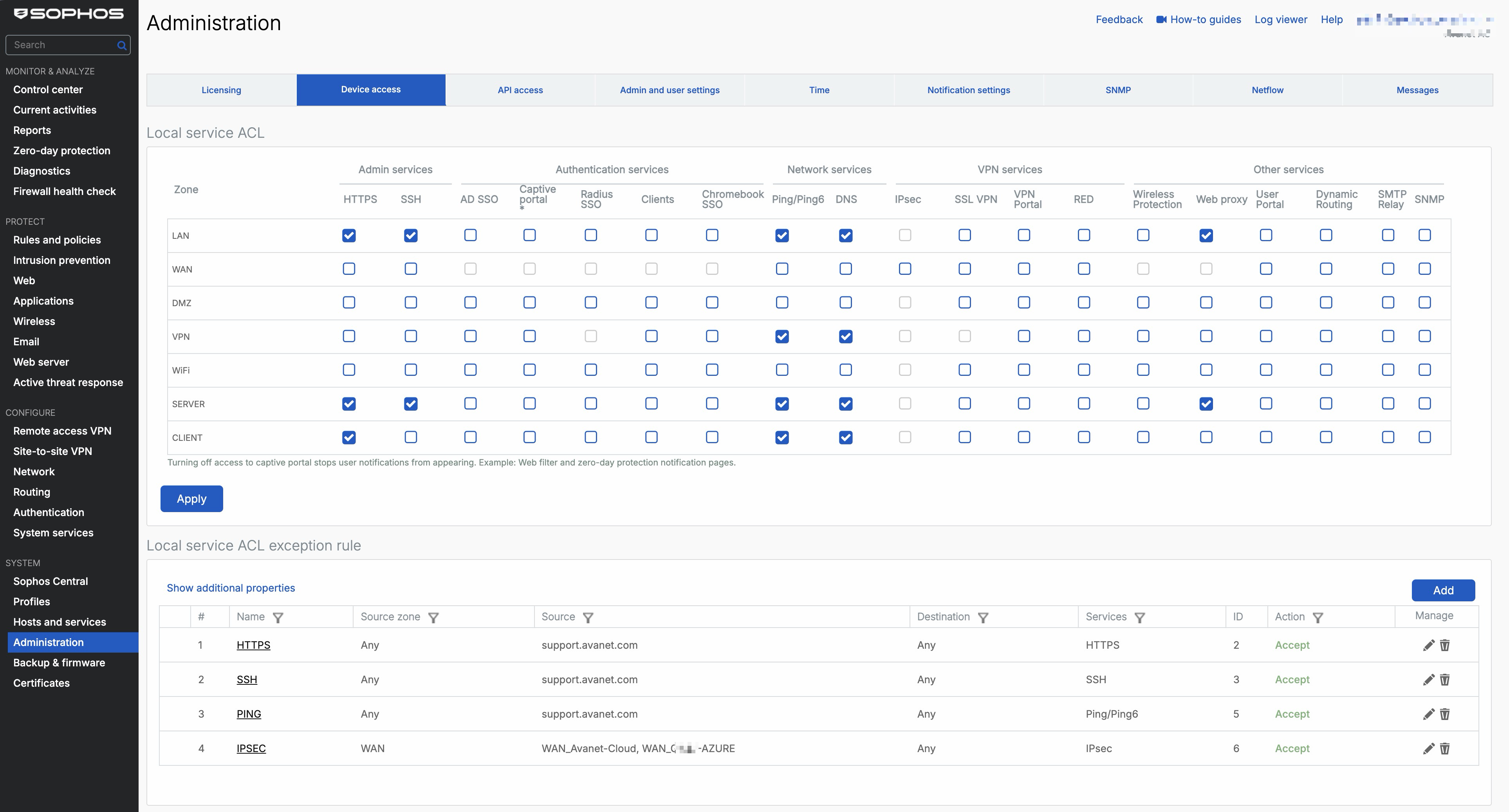Sophos Firewall Device Access z Local Service ACL i ACL Exception Rules