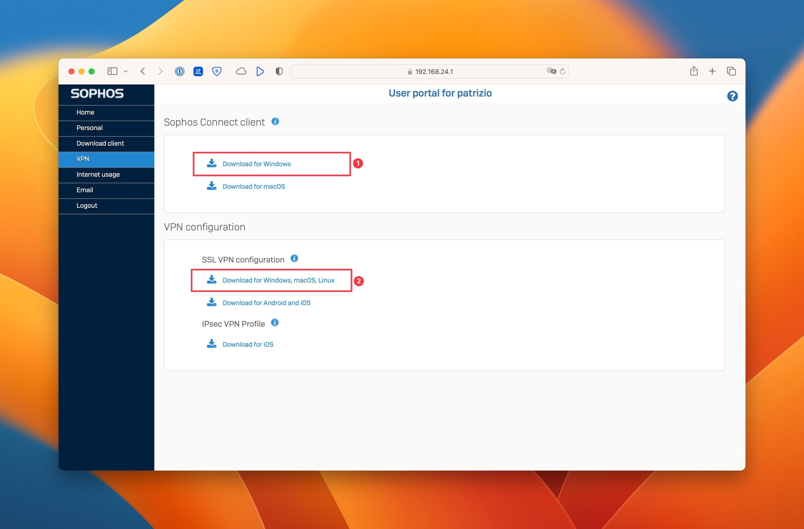 Sophos Firewall VPN Portal - download do client e da config