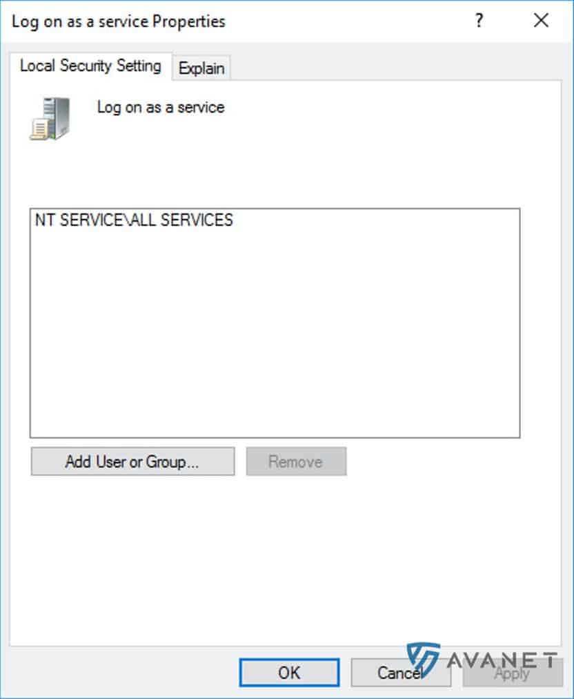 Log on as a service Properties