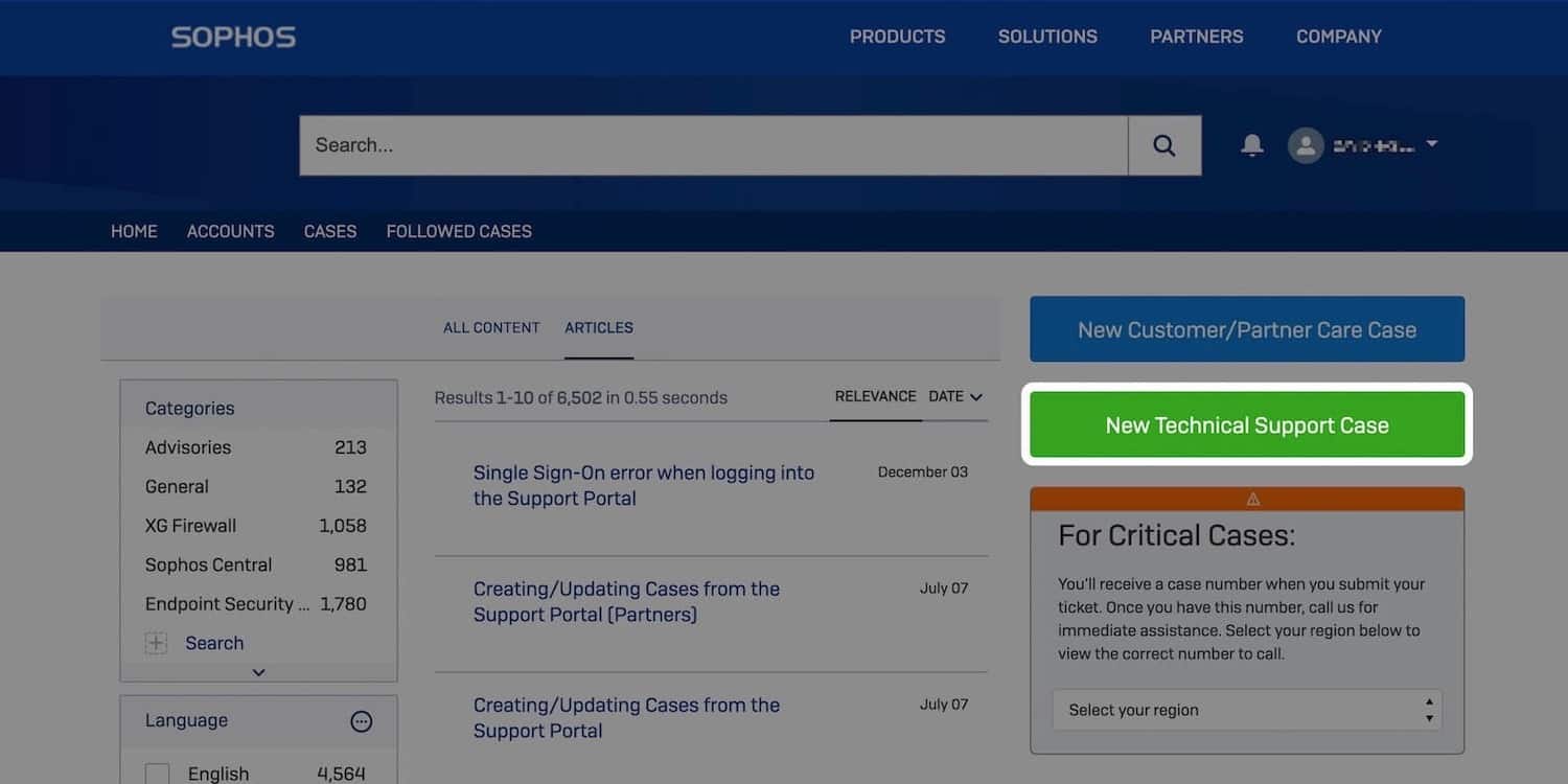 Open een nieuw ticket in het Sophos Support Portal
