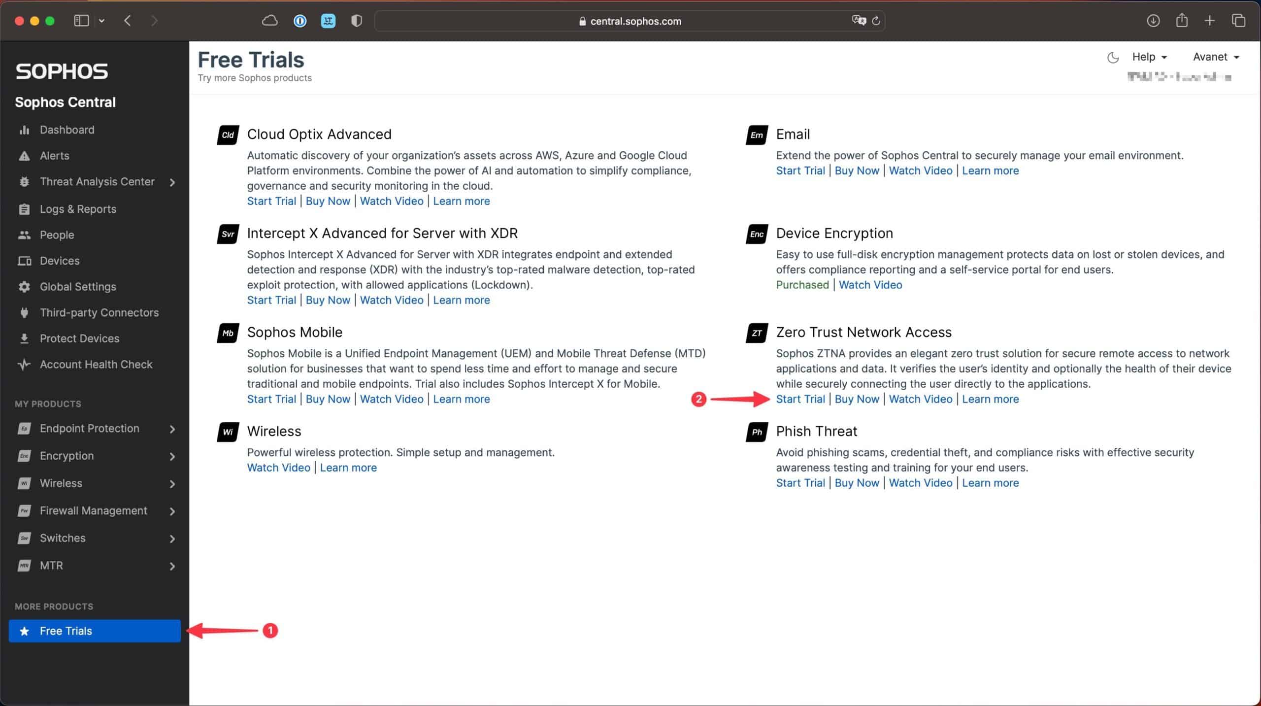 Iniciar Sophos ZTNA Trial